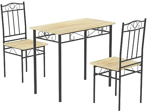 LafeuR - Mesa de comedor con 2 sillas, juego de mesa y silla para cocina, salón hogar, haya, color grano de madera + marco negro, 90 x 48 x 75 cm