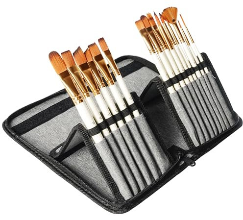 Kurtzy Pinceaux Peinture & Étui (15 Pieces) - Kit Pinceaux Peinture Poil de Nylon pour Acrylique, Huile, Aquarelle, Gouache - Idéal pour Détails Miniatures