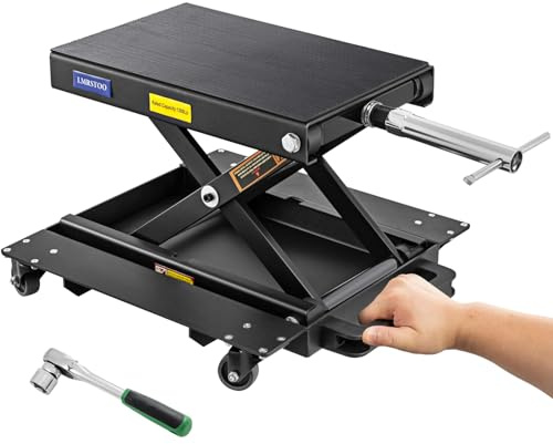 1100 LBS Motorcycle Jack with Dolly, Motorcycle Lift Stand for Dirt Bike ATV,Scissor Jack with Hand Crank Bikes Garage Repair Hoist Stand Ratchet Wrench