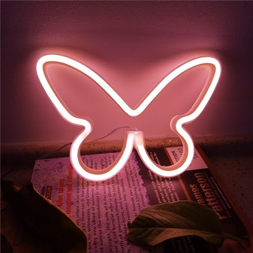Enseigne néon en forme de papillon rose corail pour mur, bureau, appartement, dortoir, décoration de fête d'anniversaire, décoration de nuit pour adolescentes, filles, alimentation USB ou 3 piles AA
