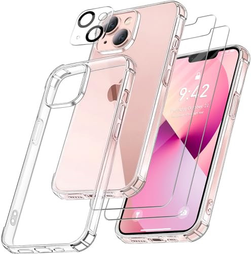 FLLAO 4 en 1 Funda para iPhone 13 con 2 Protector Pantalla y 1 Protector Lente Cámara, [Almohadilla de Aire integrada] Antigolpes Antiarañazos Carcasa 6,1 Pulgadas, Transparente