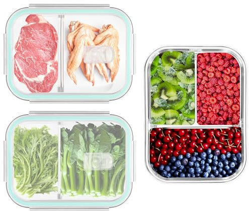 LXUDN Meal Prep Boxen Glas 2 Fächer & 3 Fächer - Mealprepboxen Glas (3 Behälter + 3 Deckel) - Vorratsdosen Glas mit Deckel BPA-Frei - Lock & Lock Glas - Glasbehälter mit Deckel Meal Prep Dosen Glas