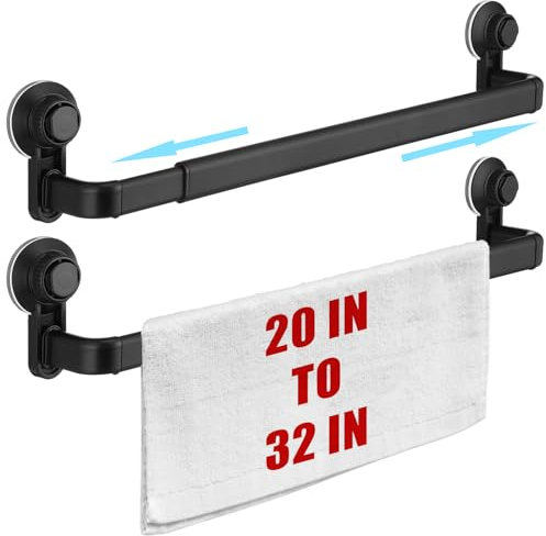 Gisafai Lot de 2 barres porte-serviettes extensibles à ventouse pour salle de bain, 50,8 à 81,3 cm, noir mat, long porte-serviettes réglable pour porte de douche en verre, mur, salle de bain, cuisine