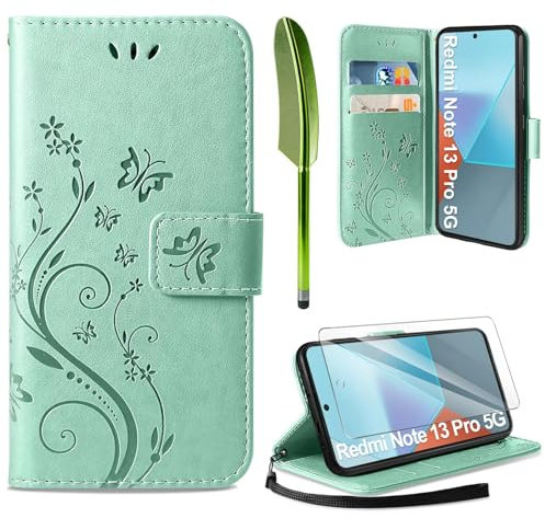 AROYI Lederhülle Kompatibel mit Xiaomi Redmi Note 13 Pro 5G(Nicht für 4G) Hülle und Schutzfolie,Wallet Handyhülle Leder Tasche Kartensteckplätzen Schutzhülle mit Xiaomi Redmi Note 13 Pro 5G Minzgrün