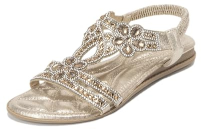 WOFANLULY Sandals for Women Flat Rhinestone Ladies Sandals T-Strap Womens White Flower Sandals for Summer Beach Holiday Outdoor