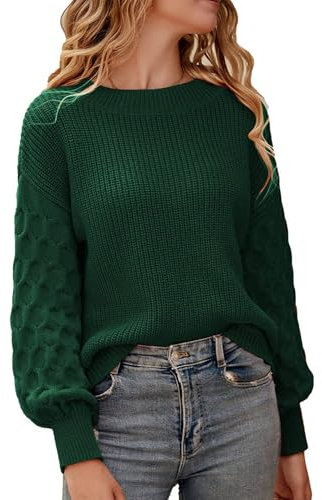 Zeagoo Pull Manche Longue Femme Chic Et Elegant Tricoté Top Col Rond Basique Ample Sweat Couleur Unie Décontracté Mode Pullover Chaud Hiver Sweat Vert XL