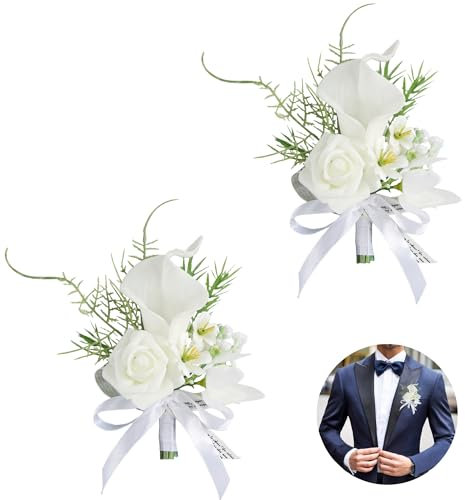 Huilimei Ansteckblume Calla-Lilie, handgefertigt, romantisch, weiß, geeignet für Hochzeitszeremonie, Jahrestag, Abendessen, 2 Stück