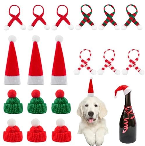WINKIO 18Pcs Mini Christmas Hat and Mini Scarf Set,Mini Santa Hats, Mini Christmas Hats, Mini Knitted Scarf Hats for Christmas Tree, Dwarfs,Snowman, Bottle, Desktop, Pet Decoration