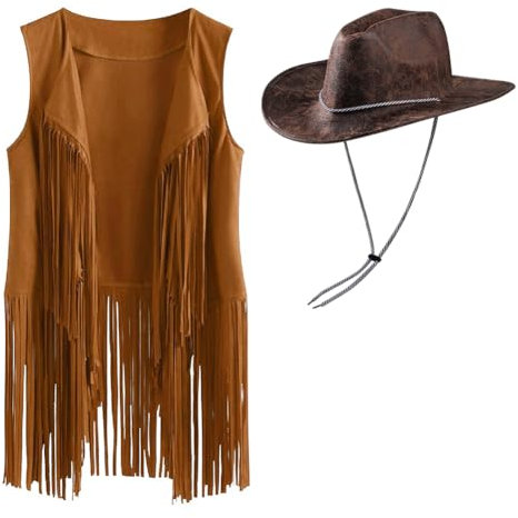 Cowgirl-Kostüm für Damen, Cowboyhut-Set, Quasten-Weste, 70er-Jahre-Kostüm, Disco-Top, Hippie-Kleidung, Kostüm, Wildlederimitat, Fransenjacke, Cardigan, ärmellose Jacke, 60er-Jahre-Kostüm, für Herren,