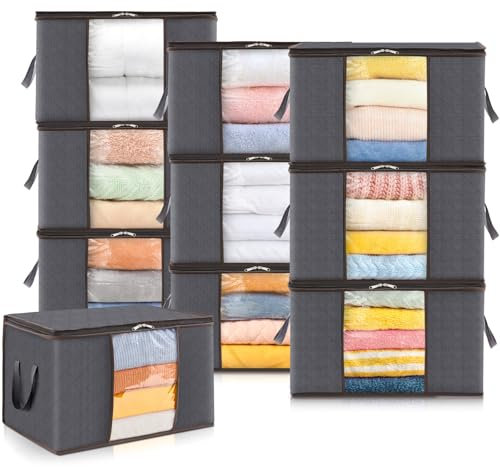 Lifewit 10 Stück Groß Aufbewahrungsbox mit Deckel, 75L Aufbewahrungstasche für Bettdecken Kleidung Aufbewahrung Schrank Kleiderschrank Organizer, faltbare Umzugskartons für Decken Kleider, Grau