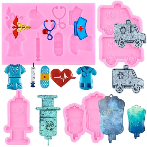 RFGHAC Fondantformen Für Krankenschwestern Mit Abschluss, Krankenschwestermütze, Stethoskop, Silikonformen, Krankenwagenspritze, Kochsalzbeutel, Form Für Kuchendekoration, Topper, Blütenpaste, 4er-Set