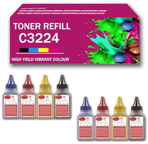 CMADJT Kompatibles C3224 Toner-Nachfüllpulver für Lexmark C3210K0 C3210C0 C3210M0 C3210Y0, Ersatz für C3224 C3326 MC3224 MC3326 C3224dw C3326dw C3426dw MC3224adwe MC3224dwe Drucker,8PCS-3000 Pages
