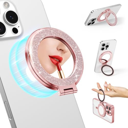 Magnetic Phone Stand Holder Built-in Mirror for Magsafe Case, [Electroplated & Glitter], Phone Grip Stand Ring Kickstand for iPhone 16 Pro Max/15/14/13/12 Series for Girl Women, Rose Gold