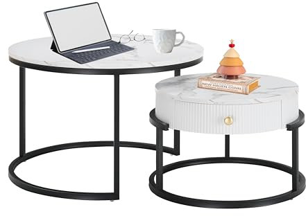 Xisilla Marmoroptik Runder Couchtisch Set mit Schubladen，weißer couchtisch rund 2er Set für Wohnzimmer/Arbeitszimmer/Schlafzimmer