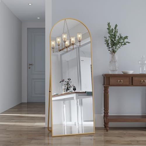 Miroir sur Pied Arqué 162x53 cm - Grand Miroir Mural avec Cadre Aluminium Multi-Fonction (Suspendu/Posé/Appuyé), Miroir Pleine Longueur pour Salle de Bain, Chambre, Entrée ou Salon, Doré