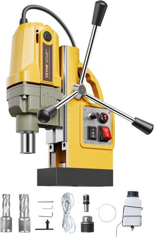 VEVOR Trapano Magnetico, Motore da 1200 W Trapano a Colonna Elettrico Magnetico 12500 N Diametro di Foratura di 40 mm con 2 Punte per Carotaggio, Velocità Variabile, per Superfici Metalliche, Giallo