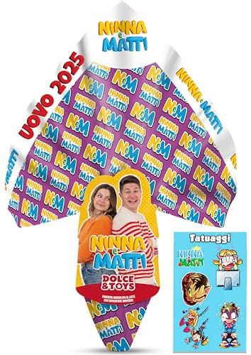 NINNA e MATTI Uovo di Pasqua 2025 con Imballaggio Extra per Spedizione + Tatuaggi in Regalo - 250 Grammi