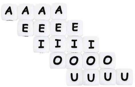 Ymapinc 12mm Silicone Letter Beads, White Silicone Vowel Alphabet Square Beads Bulk for DIY Craft Necklaces Lanyards Bracelet Keychains