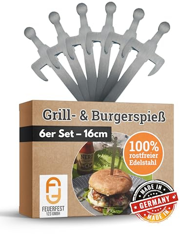 Feuerfest 123 Burger-Spieße mit Schwert-Motiv I 6 Stück I 16 cm I Hochwertige Grillspieße aus rostfreiem Edelstahl I Stilvolle Metallspieße für Burger, Sandwiches, Gemüse & Fingerfood