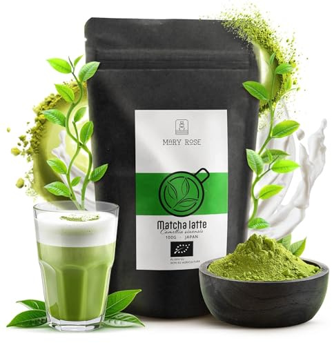 Mary Rose Matcha Latte Bio Mix 100g - Japanischer Grüner Tee mit Bio Kokosblütenzucker - Cremig und Mild - Natürlicher Wachmacher - Ideal für Schnelle Zubereitung von Matcha Latte - Organisch