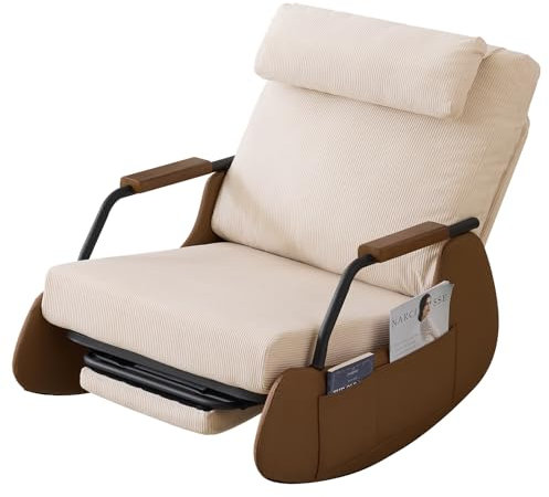 EROMMY Schaukelstuhl mit Klappbarer Rückenlehne,Schaukelsessel mit Kordober Holz und PU,Rocking Chair Schwingsessel für Wohnzimmer,Beige