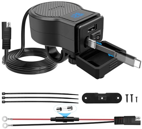 Hoembpn 72W Motocicleta USB Cargador de Carga Rápida IP65 Impermeable con Voltímetro LED e Interruptor On/Off, Cable Retráctil Tipo C, QC3.0 PD3.0 Toma USB C de Carga rápida para 12V/24V Barco ATV