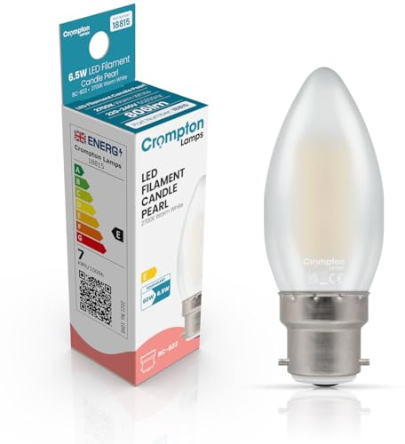 Crompton Lamps Filament Candle LED Light Bulb BC-B22d | 6.5W = 60W Equivalent | Warm White 2700K | Energy Efficient | Bayonet Lightbulb | Long Life 15,000-Hrs | Pearl Glass | Dimmable