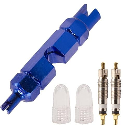 Ventilschlüssel blau SV/AV mit 2 original Schwalbe Sclaverand (SV) Ventileinsätzen und 2 Kappen transparent