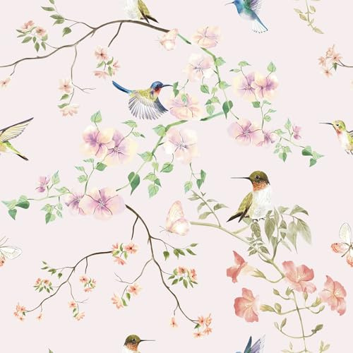 VaryPaper Blumentapete Hellrosa Fototapete Vogel Vintage 44.5cmx200cm Dekofolie Möbelfolie Rosa Matt Klebefolie Muster Retro Klebetapete Selbstklebend Schlafzimmer Wohnzimmer Kommode Schrankfolie