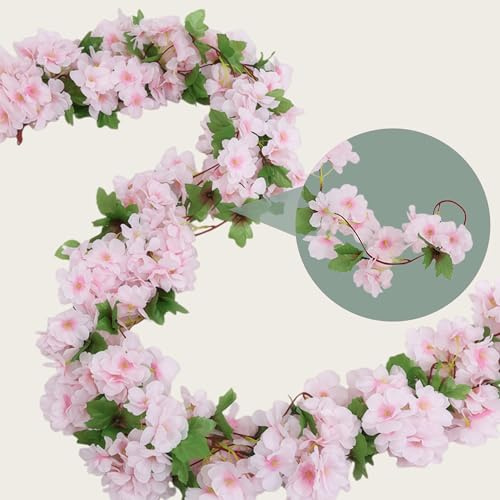 MINWEGI 2-Pack Delicate Sakura Blossom Garland - 2.4 Metre Faux Cherry Blossom Vine with Hanging Vine Garland Artificial Flowers for Outdoor Indoor Wedding Wall Bedroom Decoration,Pink Wall Vines