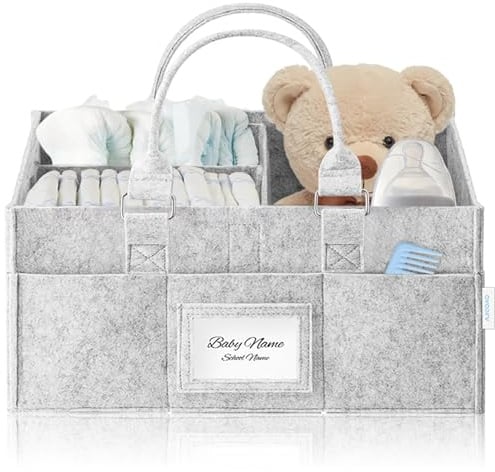 AJIEQAQ Wickeltisch Organizer Filz Grau - Baby Windelcaddy mit Flexiblen Fächern & Bilderrahmen - Tragbare Windeltasche & Aufbewahrungskorb für Neugeborene und Kleinkinder