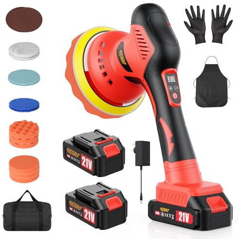 Innsky Cordless Car Polisher, 6-Inch Dual Action Buffer, 2 x 21V | Orbital Buffer with 8 Variable Speeds, 21-Piece Car Polishing Kit for Detailing, Waxing and Scratch Removal, 2 Batteries