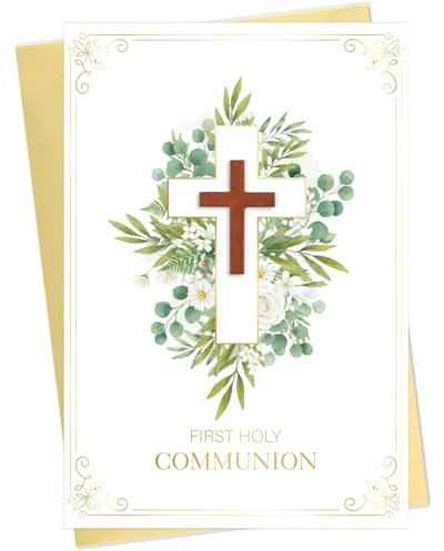 DISJOURNEY First Communion Card with Real Wood Cross, 300GSM Cardstock Catholic Holy Communion Cards for Boys Girls, Gold Foil Design Envelope & Seal Sticker, Grandson Granddaughter Gift