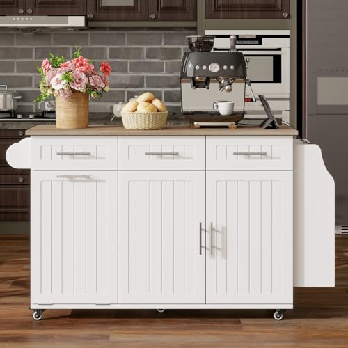PUGSDRLY Îlot de Cuisine Mobile sur roulettes avec 3 tiroirs, 2 Portes, Chariot de Cuisine avec Emplacement pour Poubelle et Prises électriques, Meuble de Cuisine avec rallonge, Espace Ouvert
