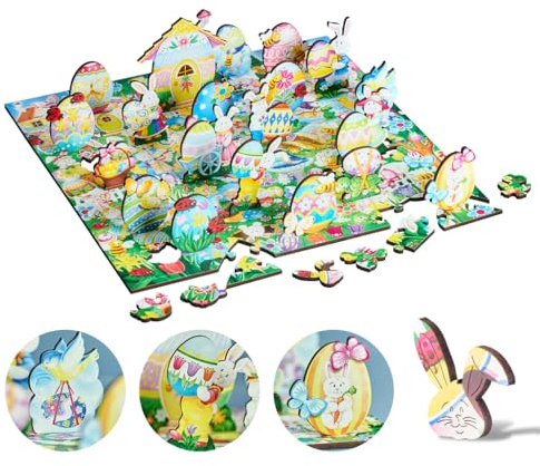 Wentworth Wooden Puzzles Easter Egg 'Hunt & Find' - 3D 100 Pcs Adult Jigsaw Puzzle, Themed Irregular Large Pieces, Randy Wollenmann Design, Easter Family Fun - Sustainably Sourced Wood & British Made