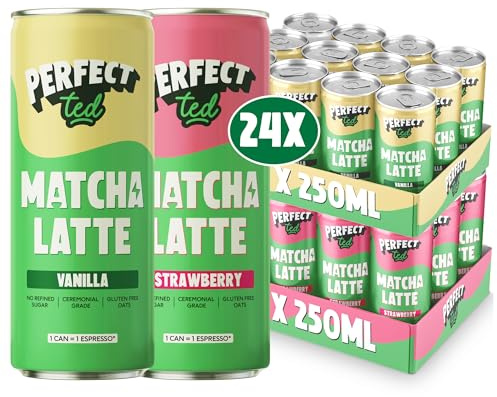 PerfectTed Strawberry and Vanilla Matcha Latte RTD, Ceremonial Grade, 24 x 250ml Cans, Ready-to-Drink with Gluten-Free Oats | Smooth & Creamy | Dairy-Free