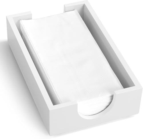 Napkin Holder for Bathroom, Acacia Wooden Guest Towel Holder Tray for Bathroom, Disposable Paper Hand Towel Holder for Bathroom Accessories, Dinner Napkin Holder (White, 9.5 x 5.5 x 2 inches)