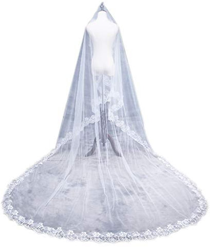 Haptian 1 Schicht Frauen Braut Weiß Ultra Lange Hochzeit Tüll Schleier Breit Bestickten Hexagonal Floral Applique Rand Ehe Solide Ohne Kamm(Weiß 1,5 M)