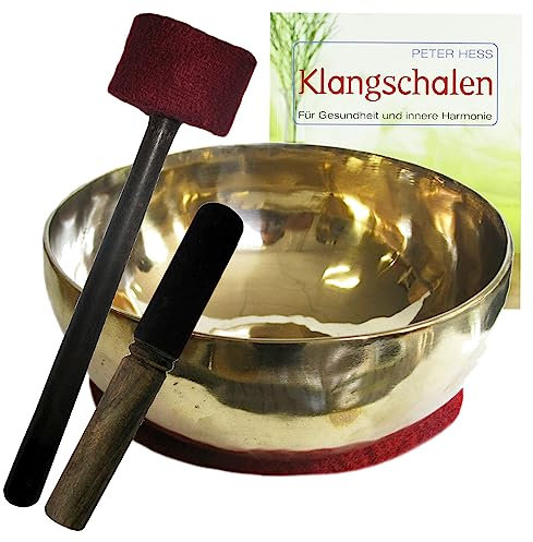 Sangha Gold Therapie Klangschale 900-1000g Handarbeit Nepal + Peter Hess BUCH 5-tlg Klangmassage Set + Klöppel & Zubehör. 70061