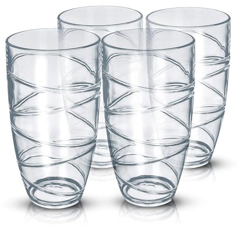 FiNeWaY Set of 4 Clear Swirl Plastic Acrylic Drink Tumblers Glasses Hi Ball Glass Party Picnic BBQ Camping Garden (4pc Swirl Acrylic Tumblers Glasses)