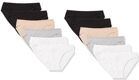 Amazon Essentials Slip Bikini in Cotone (Disponibile in Taglie Forti) Donna, Pacco da 6, Bianco/Grigio Puntinato/Nero/Rosa Chiaro, 52