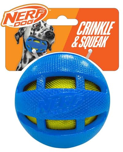 Nerf Dog 9,7 cm Rubber Checker Crunch Ball - Blau mit grünem Crunch Bag