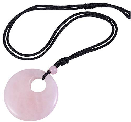 mookaitedecor Quartz Rose Collier Pendentif Pierre Protection Naturelle Lithothérapie Pendentif Donut Rond avec Cordon Ajustable
