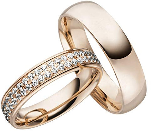 JC Trauringe Silber 925 Paarpreis Eheringe Rotgold Plattiert I Verlobungsringe Partnerringe mit Gravur in edler Schatulle I 2 Hochzeitsringe Herrenring 5,5 mm & Damenring mit Steinen 4,5 mm I LC119-P