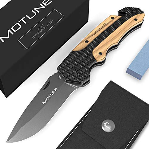 MOTUNE® Zweihand Klappmesser 3-in-1 KP22 - Taschenmesser mit Holzgriff - Zweihandmesser mit Titaniumklinge aus Edelstahl - mit Schleifstein & PU-Gürteltasche