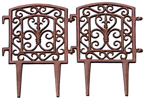 L'Héritier Du Temps Bordure de Jardin Bordurette Grille Victorienne à Relier Motif Volutes et Fleurs de Lys en Fonte Patinée Marron 2x21x28cm