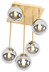 Qazqa - Landhaus I Vintage Moderne Deckenleuchte I Deckenlampe I Lampe I Leuchte Gold I Messing 5-flammig-Licht mit Rauchglas - Athen I Wohnzimmer I Schlafzimmer - Rund - LED geeignet G9