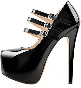 Only maker Mary Jane Platform Stiletto High Heels Three Buckle Strappy Pumps Closed Toe Party Work Court Dress Shoes Black Size 6