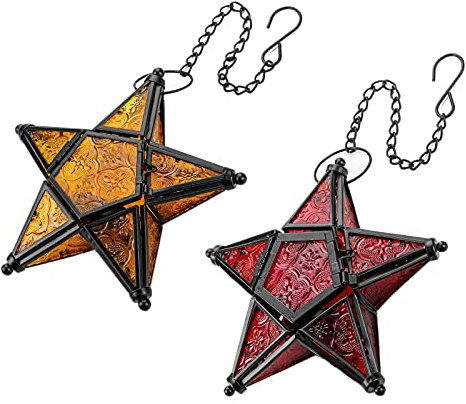 Romadedi Orientalische Laterne Metall & Glas - Marokkanisches Hängende Stern Teelichthalter Kerzenständer Gartenwindlicht,Handgemacht Geschenkartikel Geburtstags Garten Dekoration,Rot + Orange