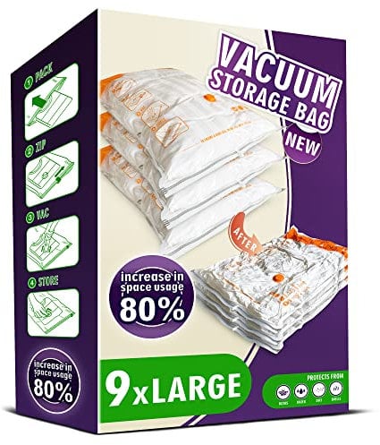 Storage Master Space Saver Bags for Travel and Home Reusable Vacuum Storage Bags Save 80% More Storage Space Work with Vacuum Cleaner (9 Large, No Pump Included)